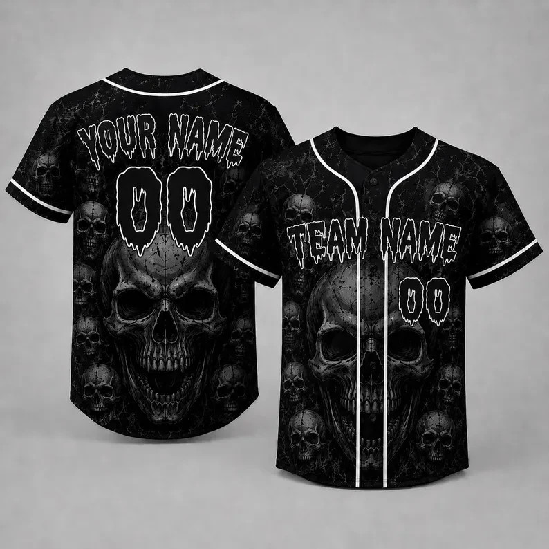 Custom Dark Skull Dripping Font Baseball Jersey Adult Kids Shirt