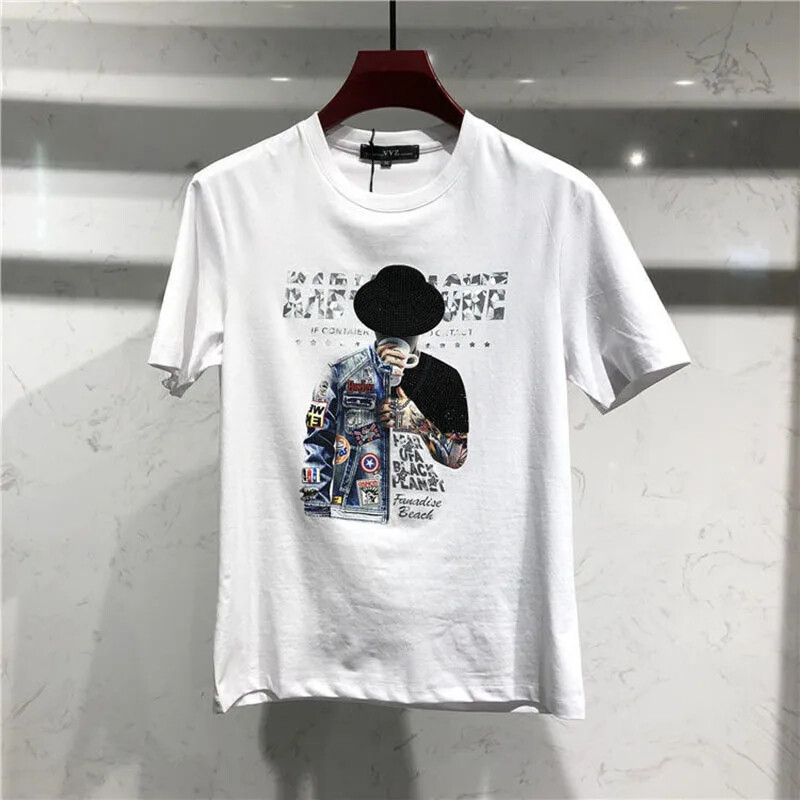 New Men Luxury Rhinestones Fashion Black White T-Shirt High Quality