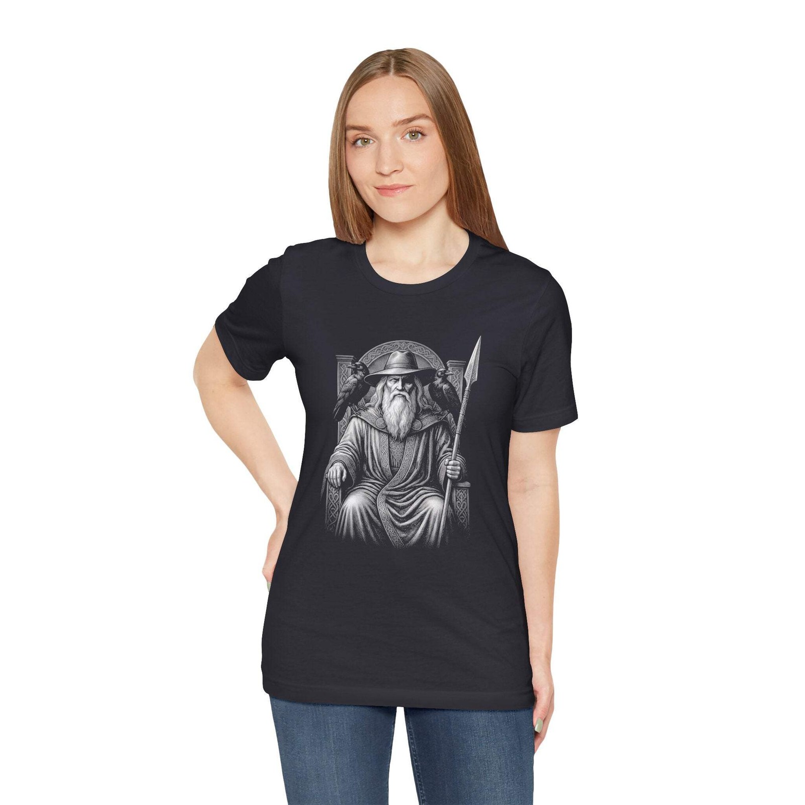 Odin Norse God T-Shirt with Ravens & Spear | Viking Mythology Tee Shirt