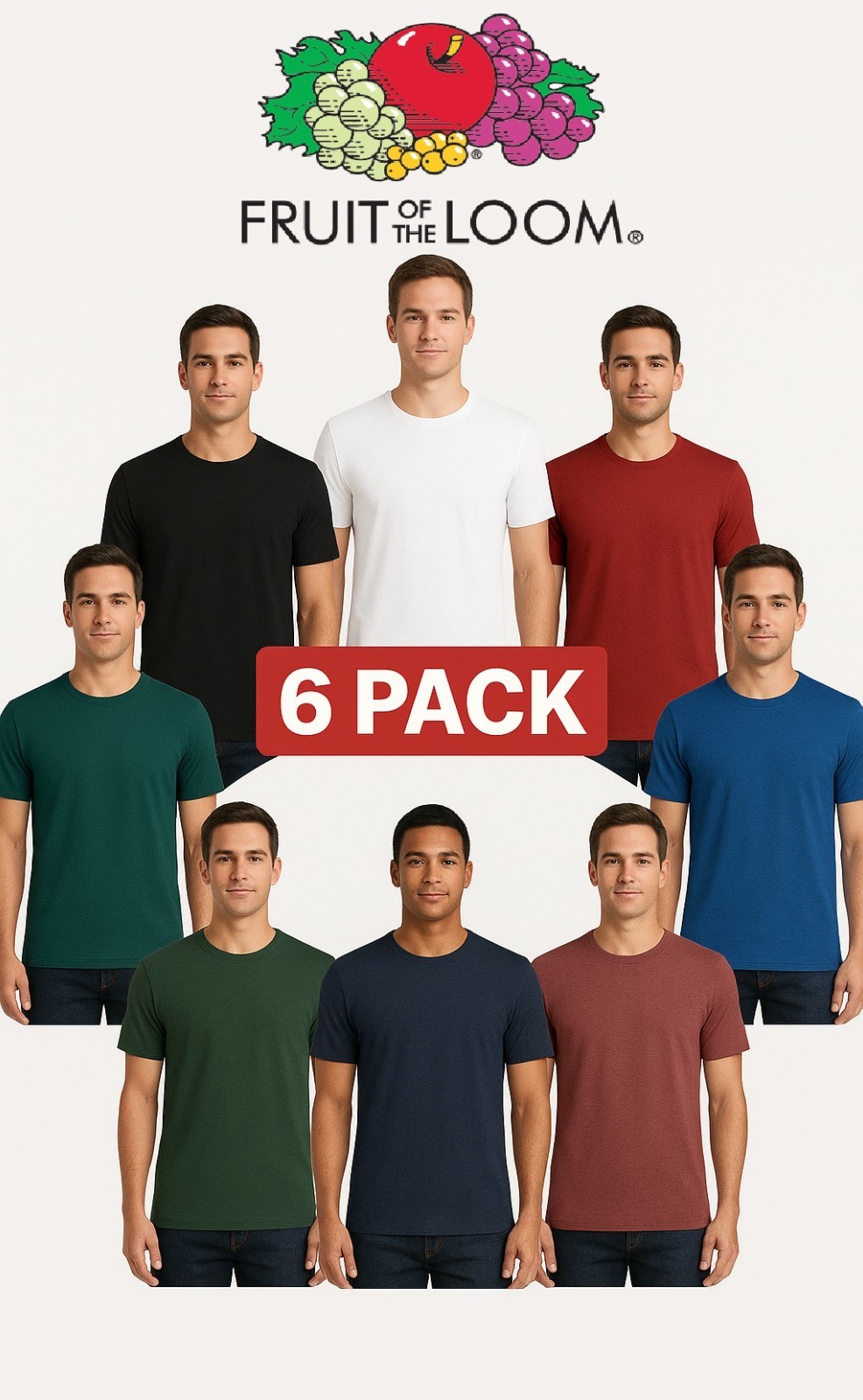 Fruit of the Loom Men’s 6 PK Iconic T-Shirts – Assorted Colors Size S to 4XL