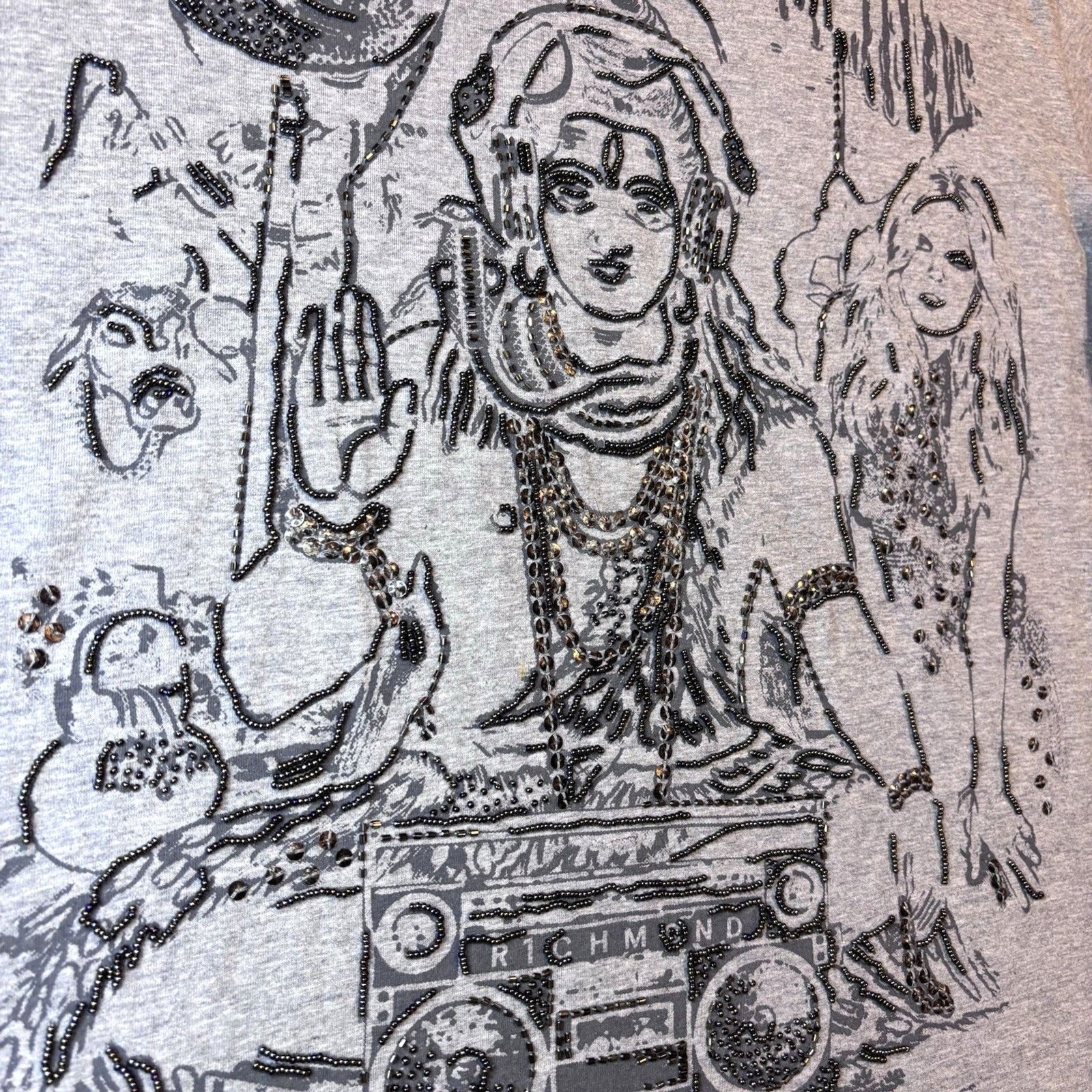 John Richmond Graphic Tee Beaded Embellished Shiva Boombox DJ Streetwear Y2K