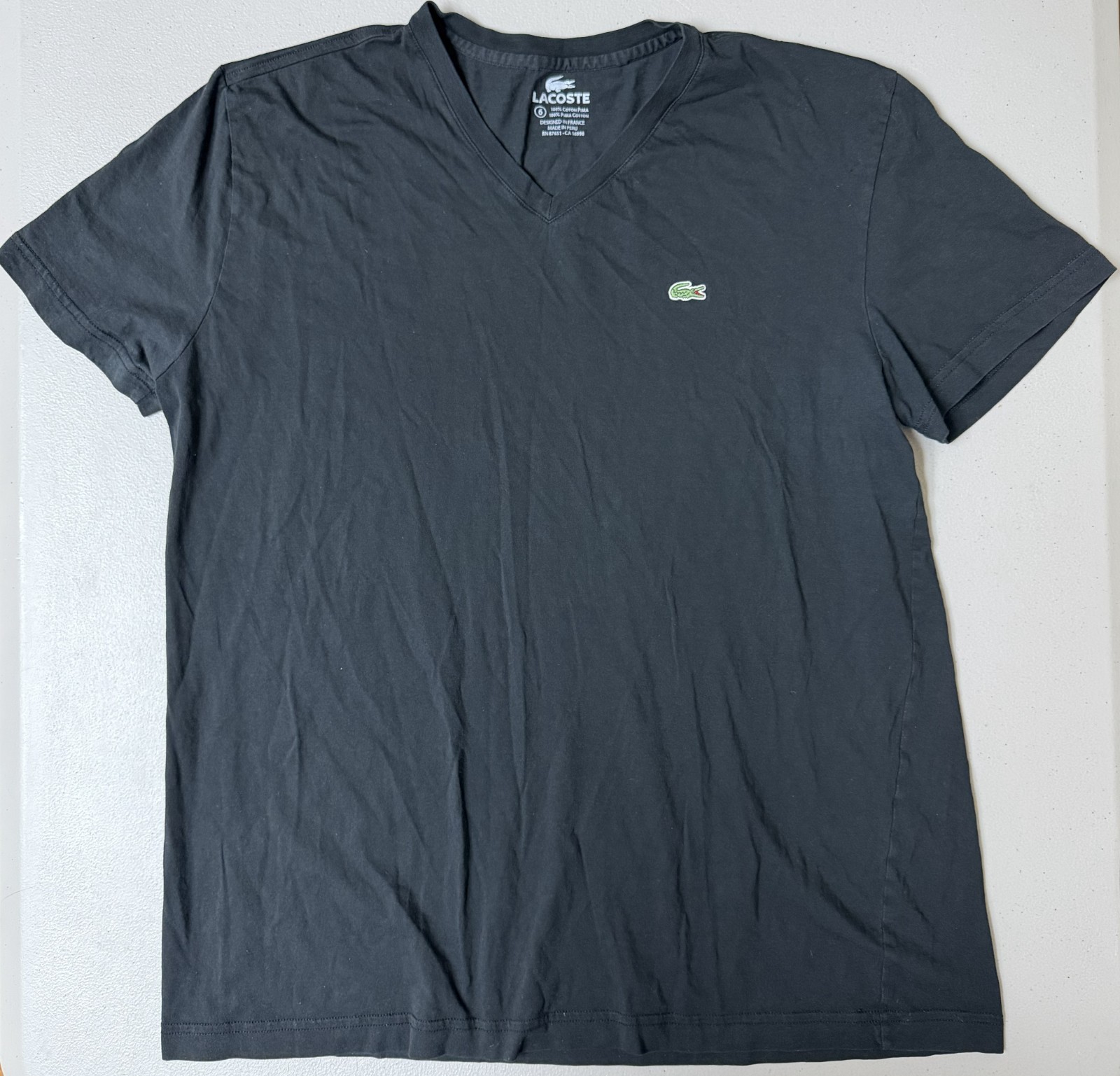 Lacoste Mens V-neck T Shirt Black Size 6 or US XL 100% Pima Cotton