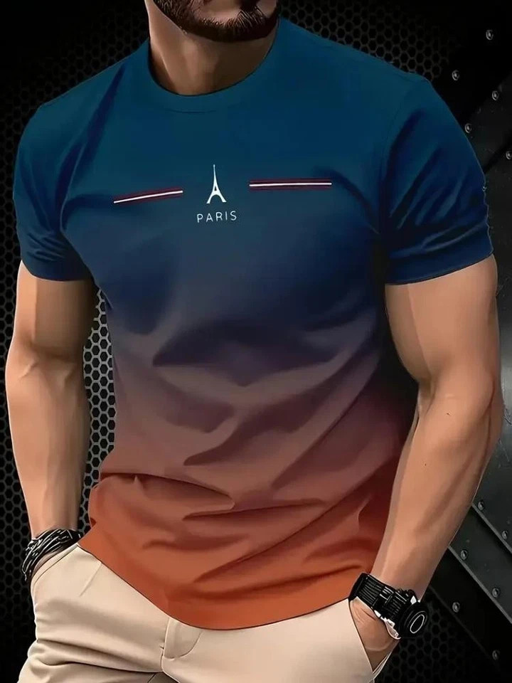 Men’s Vintage Gradient Print Casual Tee Shirt Breathable Polyester O-Neck