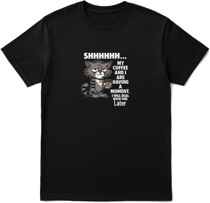 Cat Coffee Moment T-Shirt Funny Unisex Black Tee for Coffee Lovers