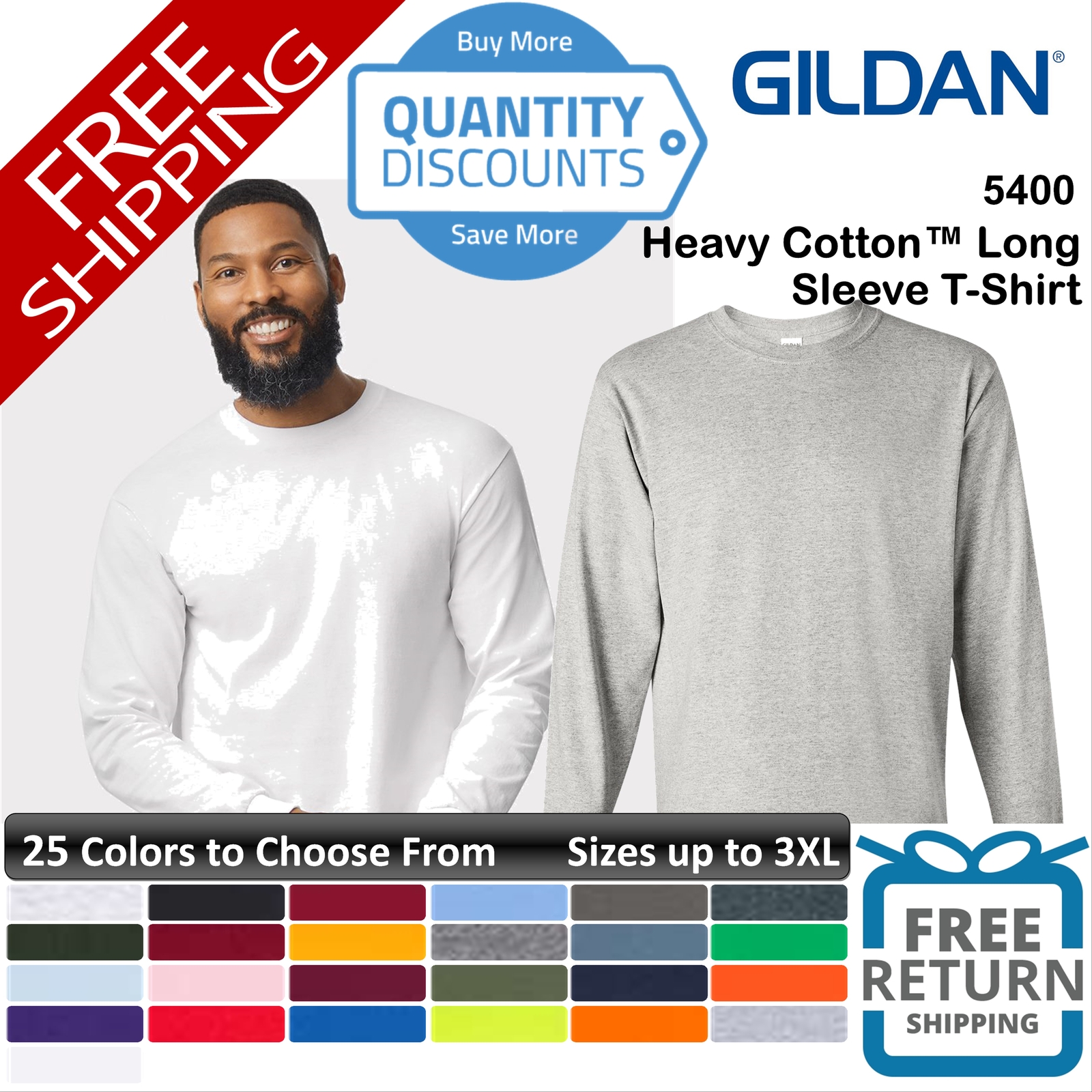 Gildan Men Heavy Cotton & Blends Classic Fit Long Sleeve T-shirt Up To 3XL 5400