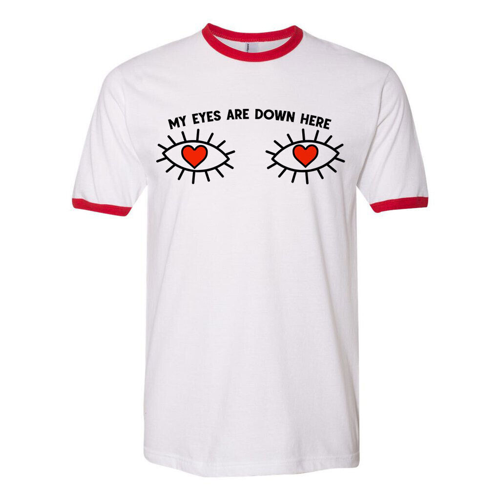 Novelty T Shirt 100% Cotton 70’s 80’s My Eyes Are Down Here Funny Retro
