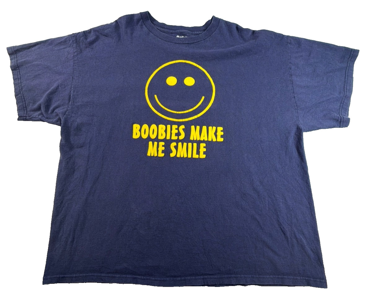 Boobies Make Me Smile Smiley Face Spencer’s Navy Blue Novelty Humor Tee 2XL