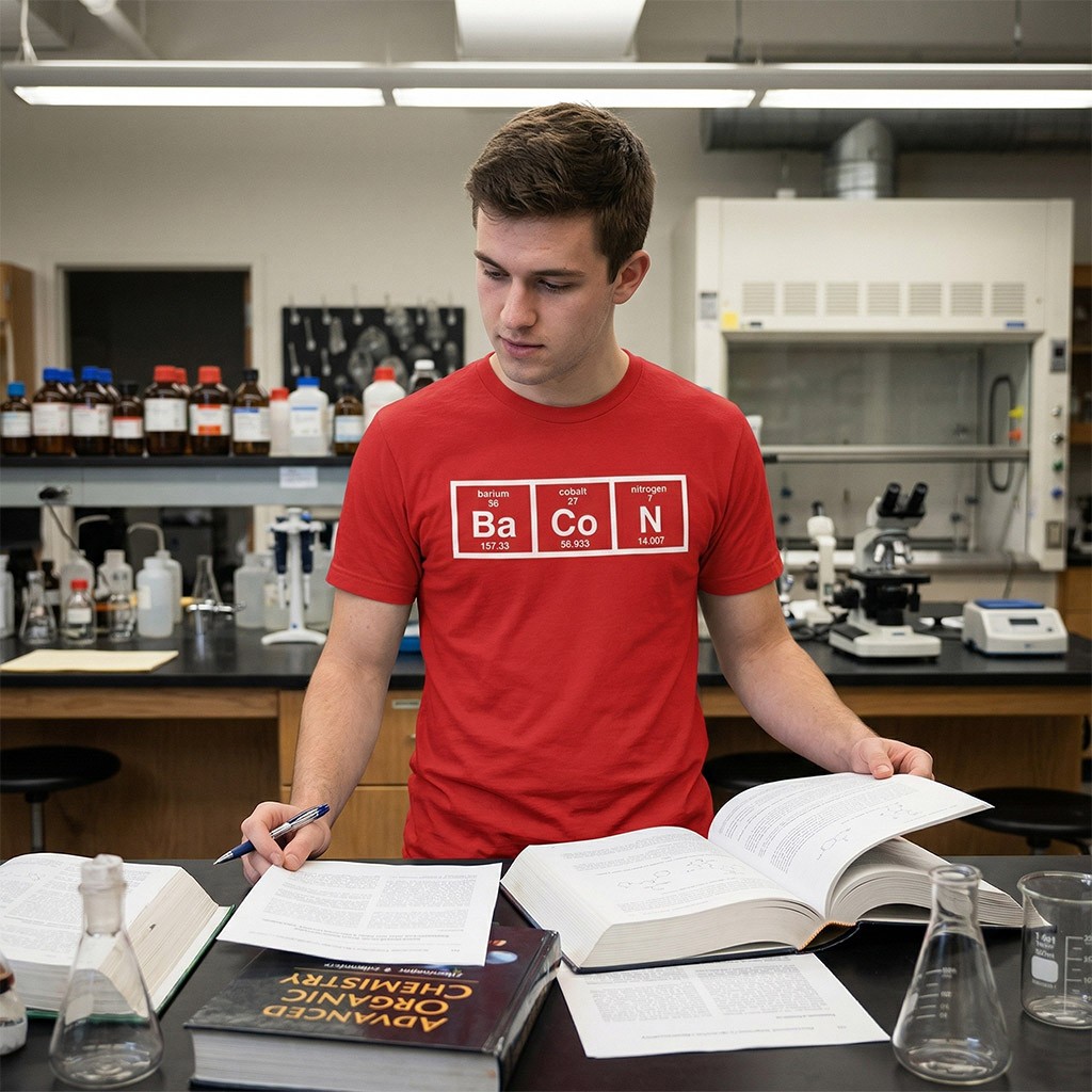 Mens The Chemistry Of Bacon T Shirt Funny Nerdy Graphic Periodic Table Science