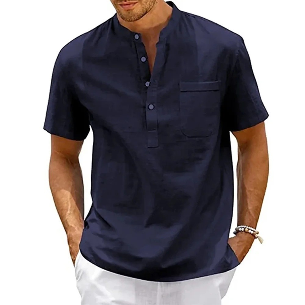 Men’s Cotton Linen Henley Shirt Casual Short Sleeve Beach Summer Top with Pocket