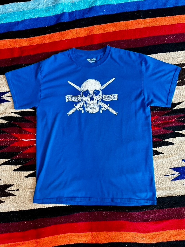 Gildan Dry-Blend Skull and Crossbones T- Shirt Men’s L Royal Blue Casual