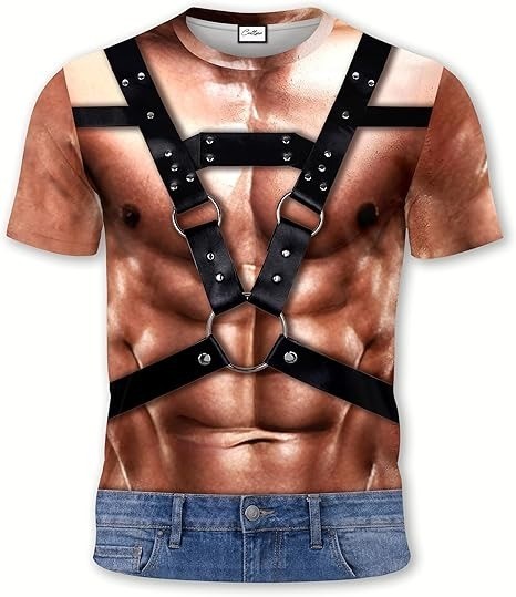 Funny 3D Leather Harness T Shirt Men Fake Six Pack Abs Muscle Body Rave Gag Gift