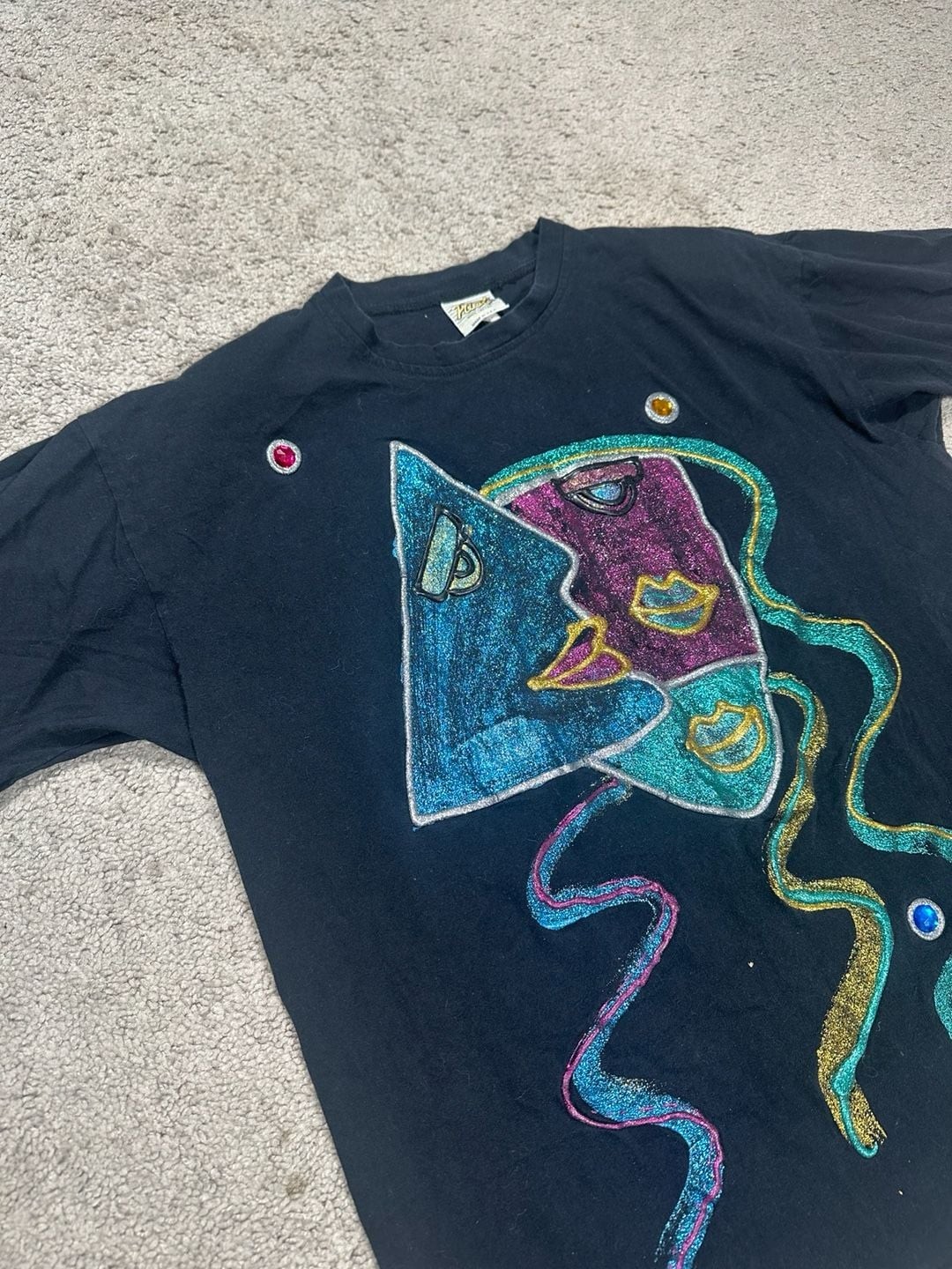 Vintage 90s Fast Wearable Art Abstract Faces Puff Paint Embellished T-Shirt