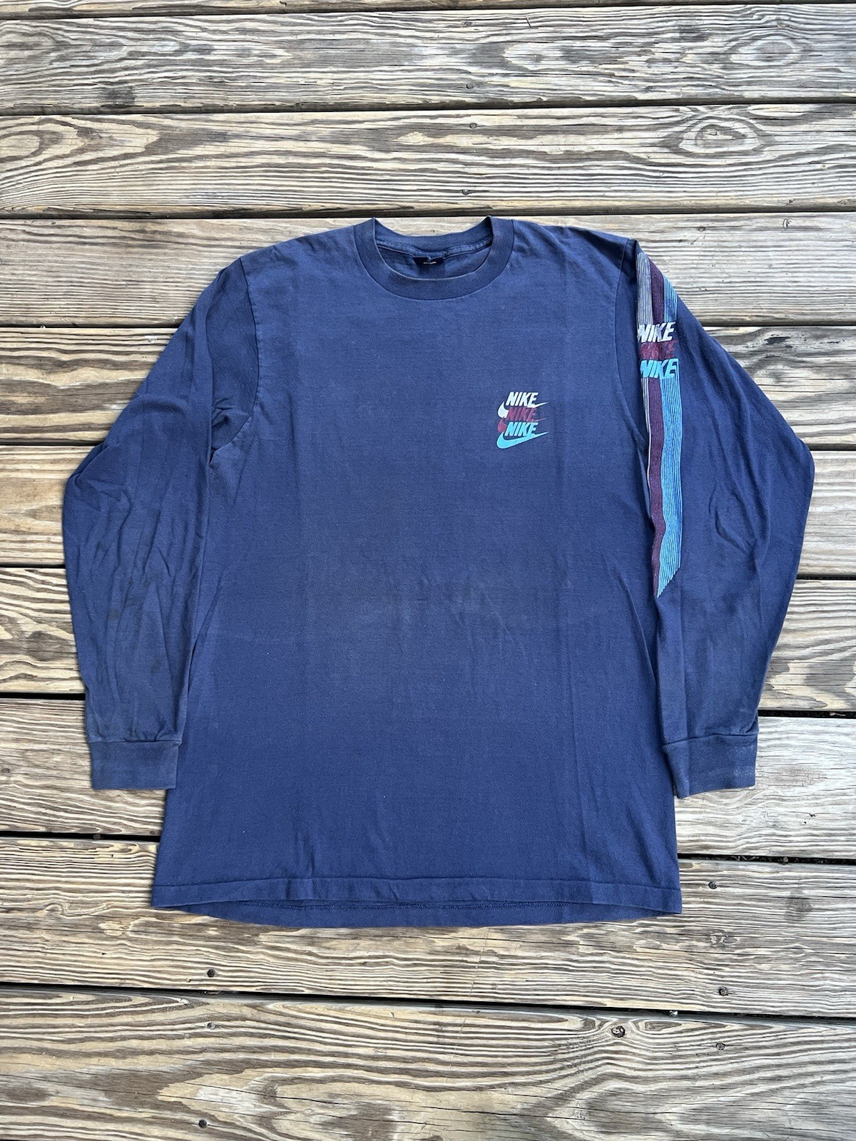 Vintage 80s Nike Multiple Tri Logos Long Sleeve Blue Tag T Shirt Swoosh XL
