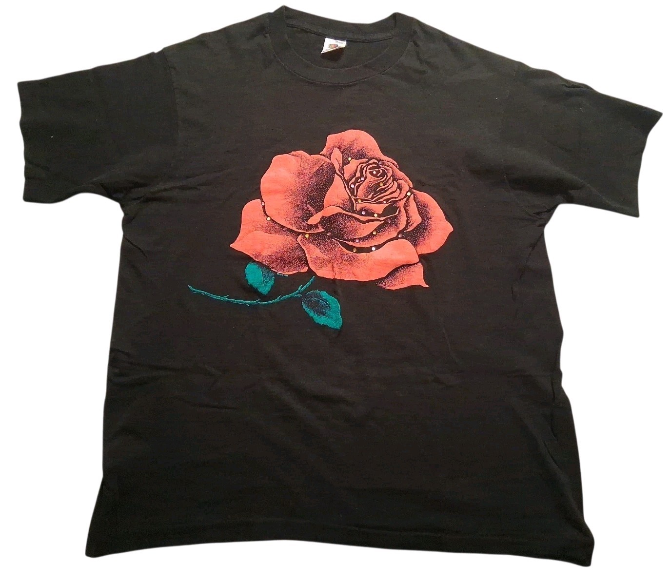 Vintage Large California Rose Flower Nature Bedazzled Gem T-Shirt Black Large