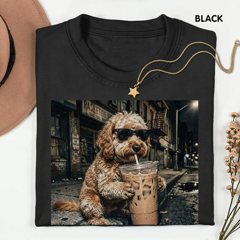 Funny Doodle Dog Drinking Iced Coffee Shirt Animal Meme Tee Coffee Lover Doodle