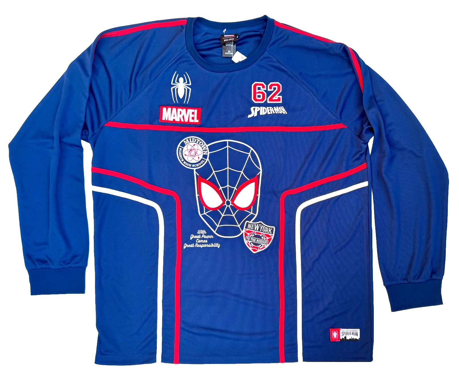 Marvel Spider-Man Long Sleeve Embroidered Jersey Shirt Sizes XS,SM,MD,2X,3X NWT
