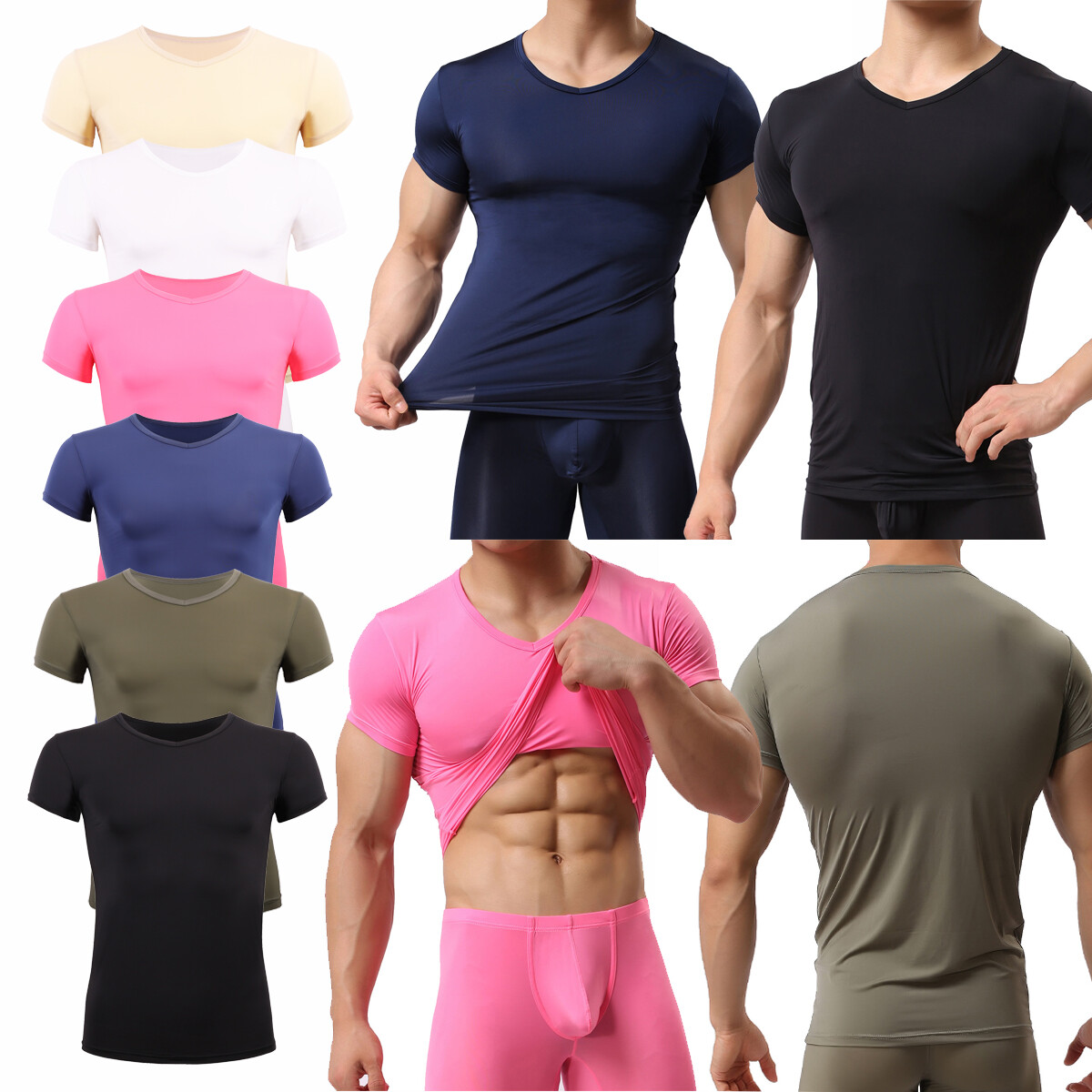 Mens Sport Gym T-Shirt Sexy Muscle Tops Fitness Short Sleeve Tee V-Neck Tights