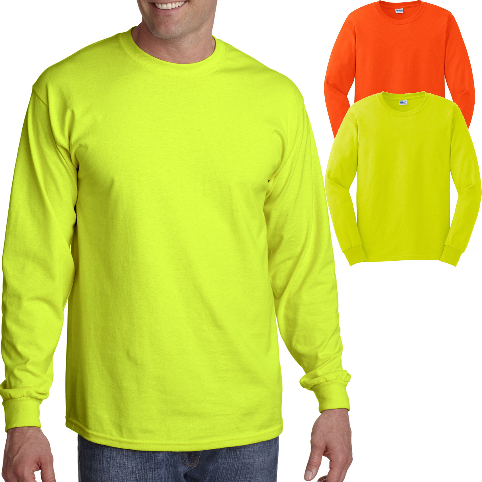 Mens Long Sleeve T-Shirt Gildan Safety Green Orange ANSI High Vis Sizes S-5XL