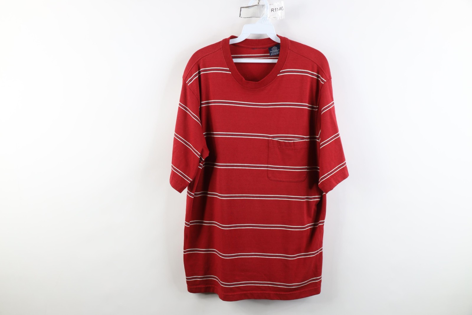 Vintage 90s Streetwear Mens Medium Striped Color Block Knit Pocket T-Shirt Red