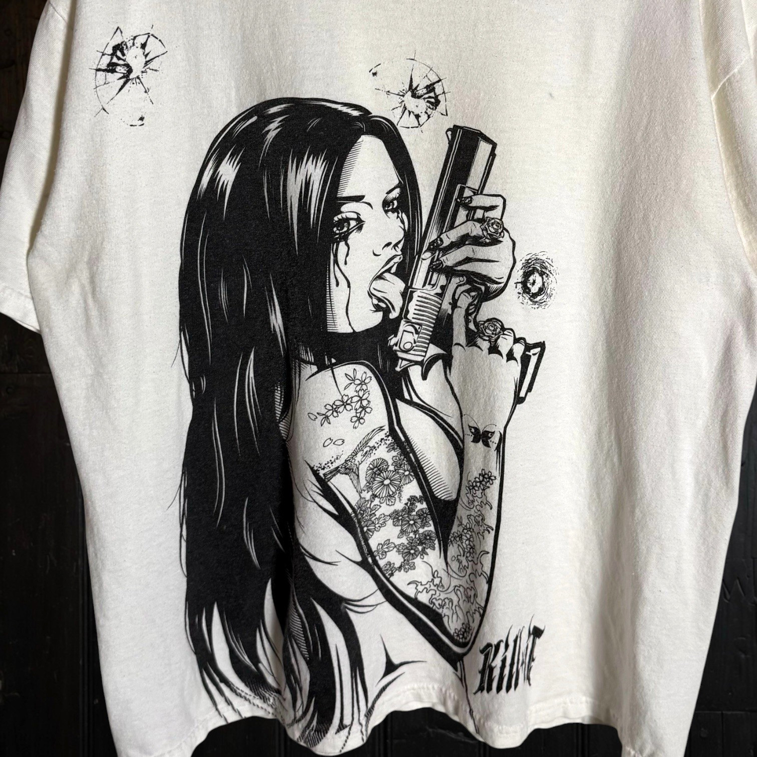 Kill It Gun Girl Tattoo Print “Addicted to Chaos) T Shirt Sz L Grunge Metal Tat