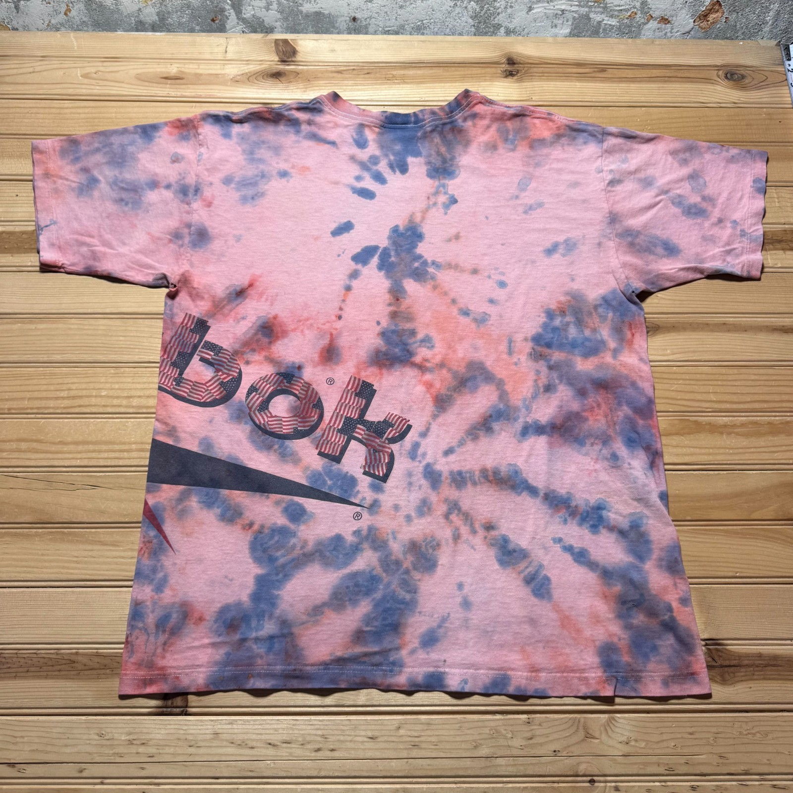 Vintage 90s Reebok American Flag Vector Logo Stars and Stripes Tie Dye Shirt XL