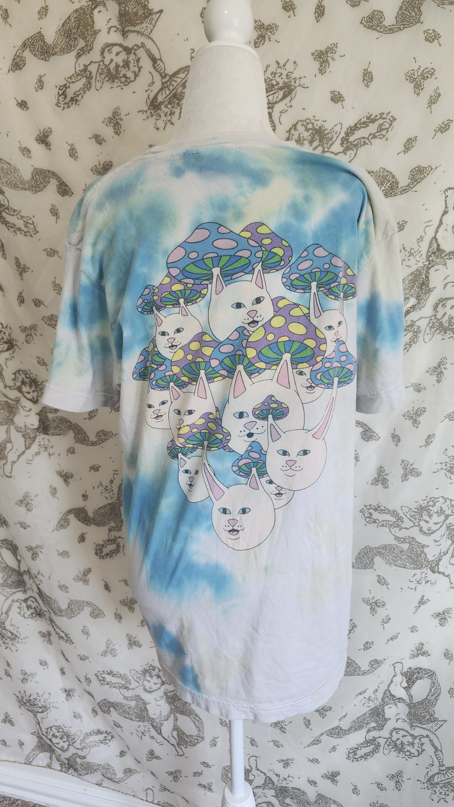 RIPNDIP Boomer Gang Blue & Yellow Tie Dye T-Shirt Sz M cats and mushrooms