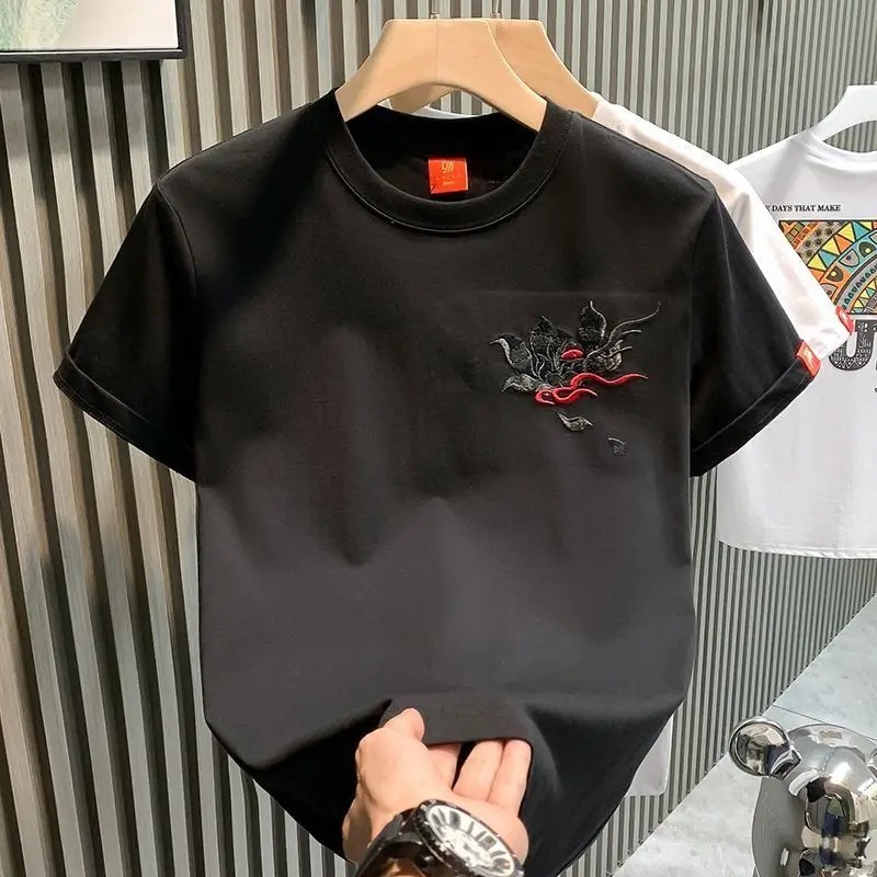 Men’s Mythical Dragon Kirin Embroidery Short Sleeve Casual Summer T-Shirt
