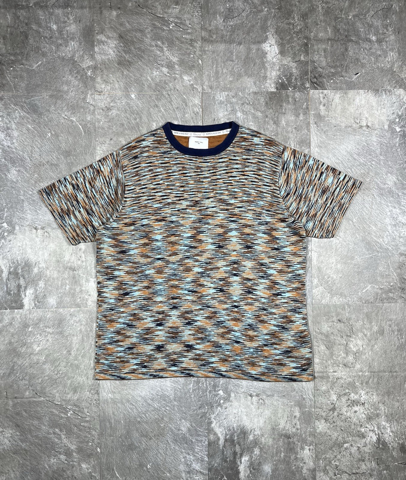 Percival Blue and Orange with Dynamic Pattern Knit Textured T-shirt tee size m
