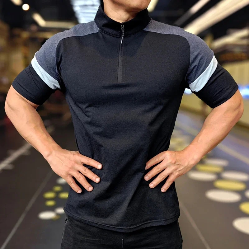 Men Fitness Running Half Zip Training Wear Summer High Elasticity Slim Fit Tee O