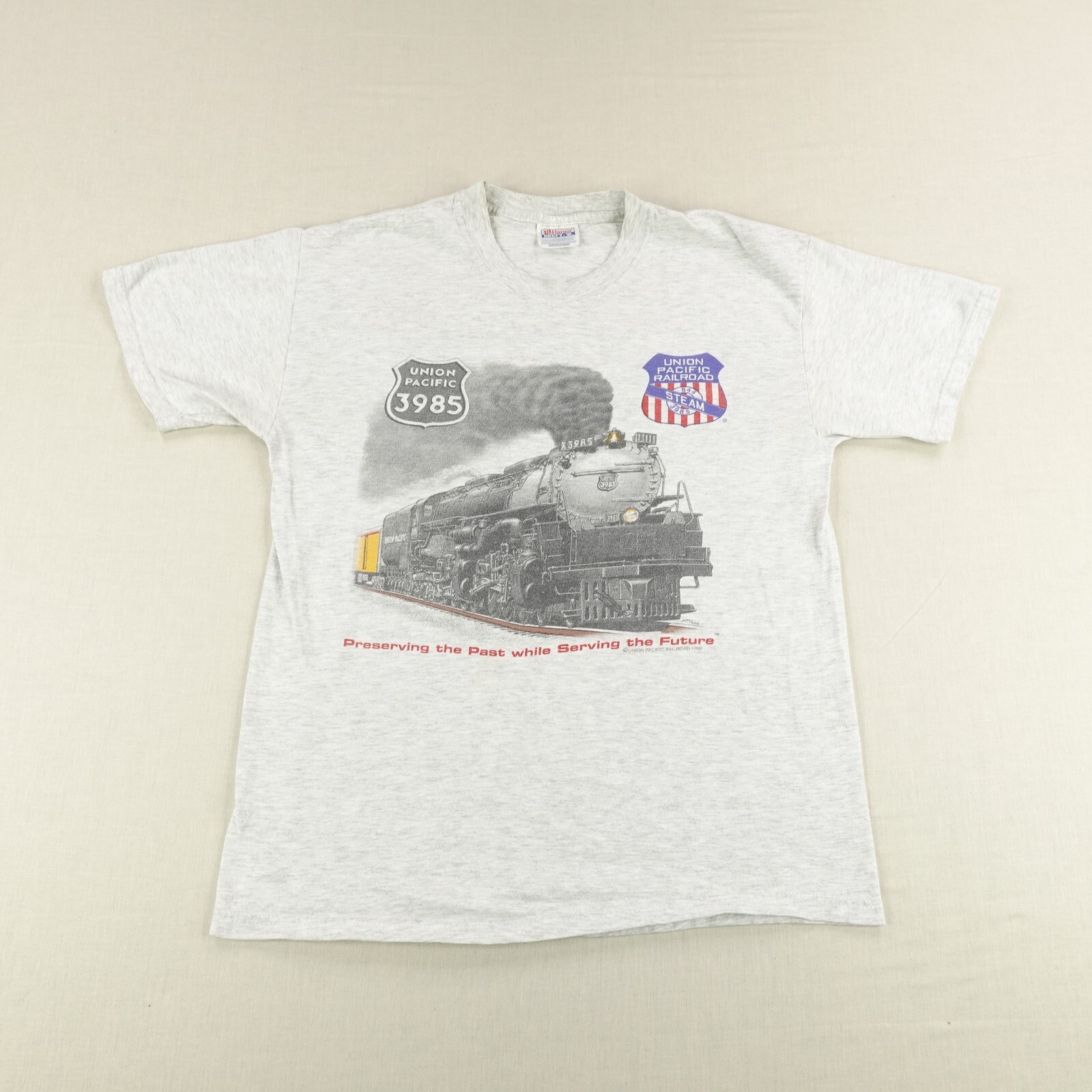 Vintage Train Shirt Medium Gray Union Pacific Railroad Steam Engine 90s 1999 ^
