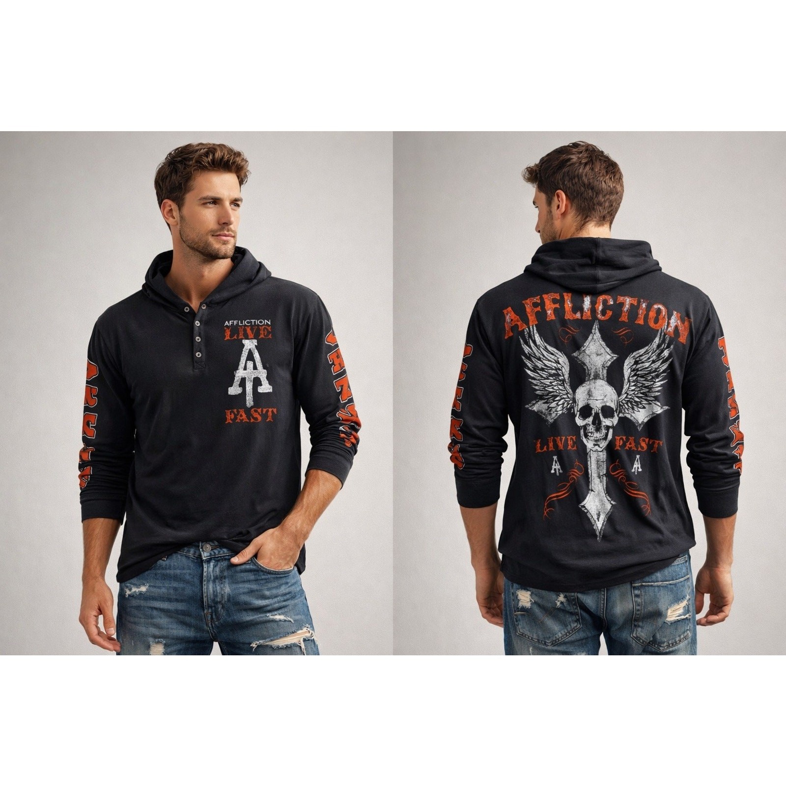 Affliction Live Fast Hooded Henley Shirt XL Skull Cross Wings Biker Goth Y2K