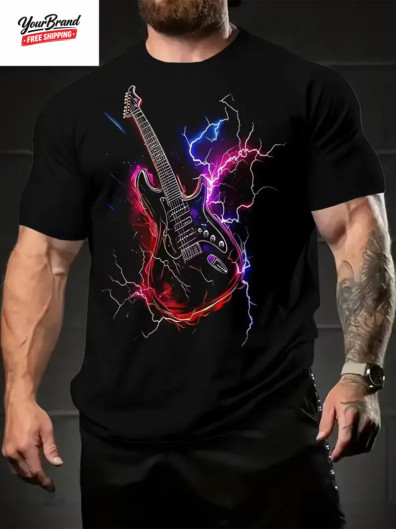 2025 Hip Hop Guitar Graphic T-Shirt for Men Trendy Rock Crew Neck Short Sleeve T
