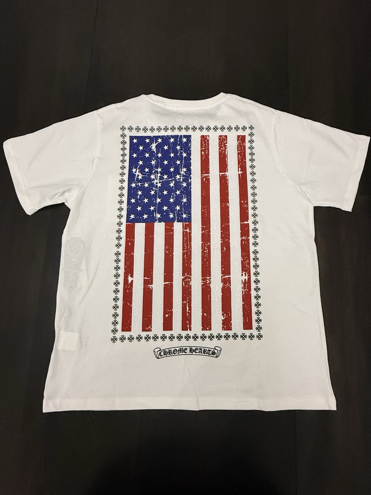 Chrome Hearts White Tee with Distressed Red & Blue Flag