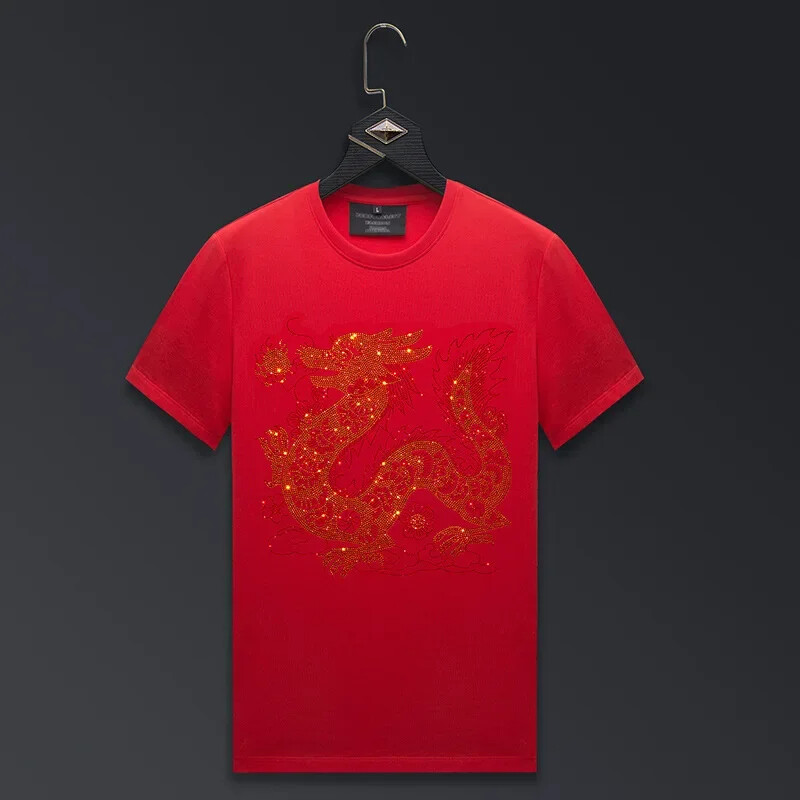 New Men Luxury Rhinestones Dragon Fashion Black White Red T-Shirt High Quality