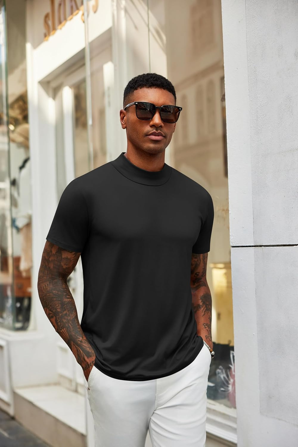 Men’S Mock Neck T Shirt Short Sleeve Slim Fit Basic Casual T-Shirts Solid Color