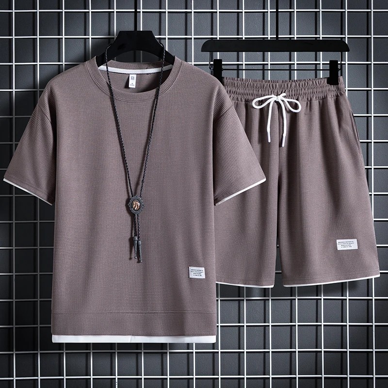 2025 new Summer Men’s Waffle Sets Casual T-Shirt And Shorts Set Male Sports Suit