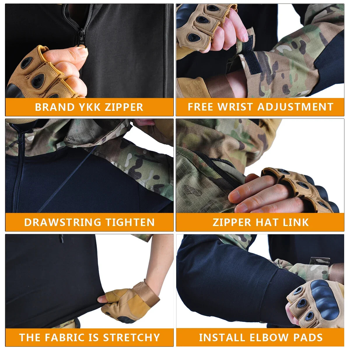 Outdoor Shirts Camo Combat T-Shirt Hooded Men Tactical Shirt Airsoft