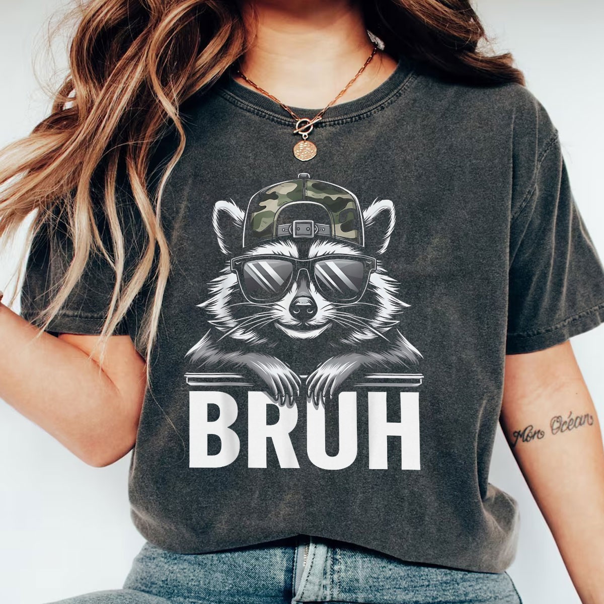Bruh Raccoon Camo Hat T-Shirt Funny Raccoon Meme Shirt Youth Trash Racoon Tee