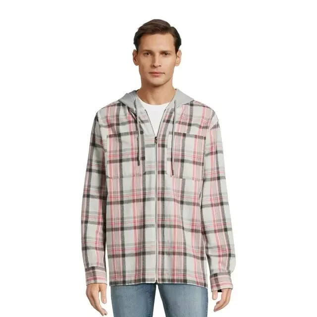 NWT No Boundaries Men’s S 34-36 Zip Hooded Gray Plaid Lightweight Flannel Shirt