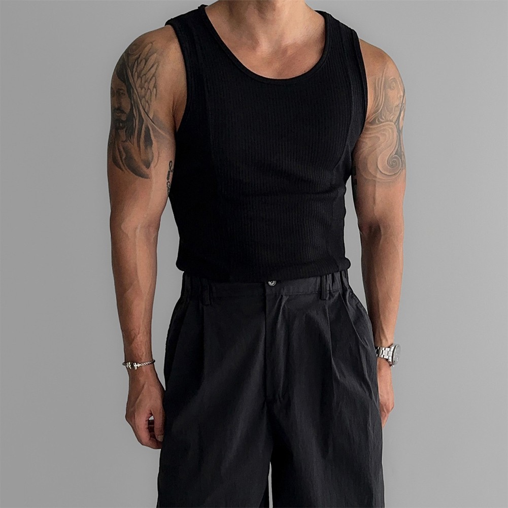 Male Top Mens Vest Casual Minimalist O-Neck Regular Ribbed Sleeveless Slim