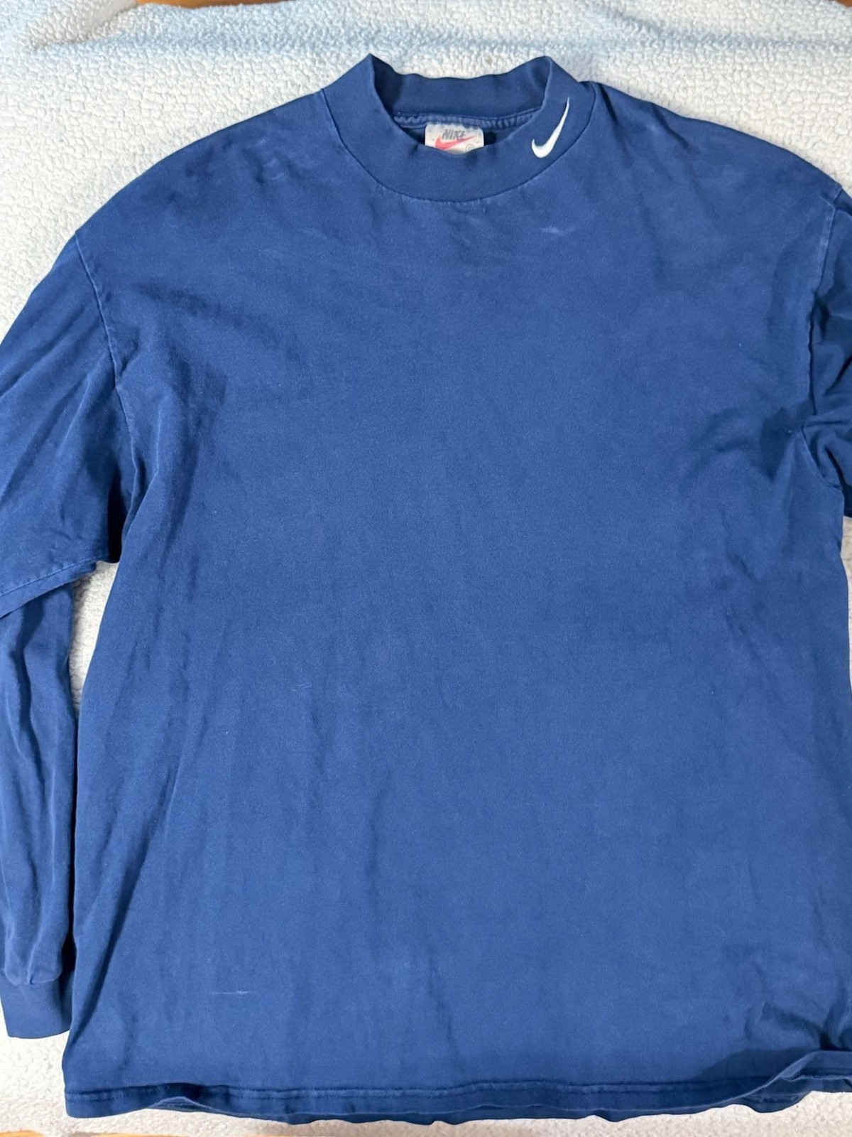 Vintage 90s Nike White Tag Navy Blue Mock Swoosh Long Sleeve Shirt