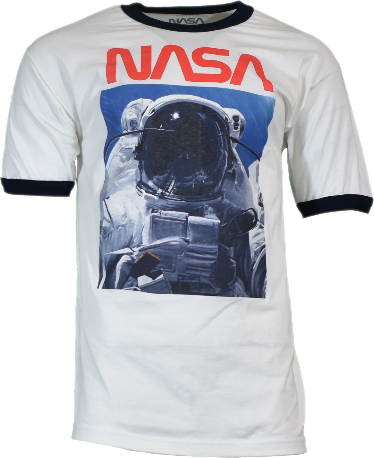 MENS GRAPHIC SHIRT NASA Astronaut Print Crew Neck Tee White Shirt Blue Collar