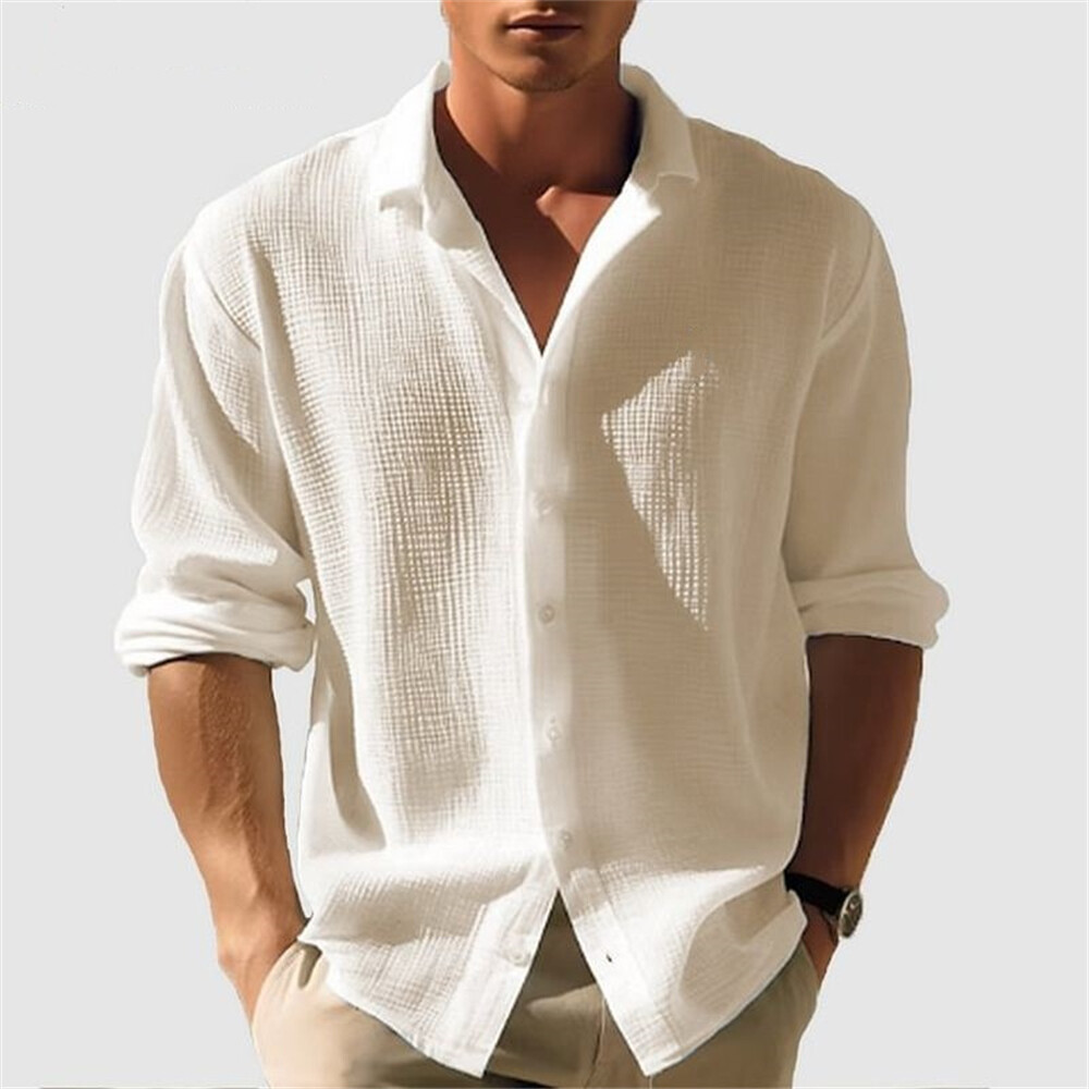 Men’s Waffle Shirt Casual Slim Shirts Long Sleeve Button Down Tops Blouse