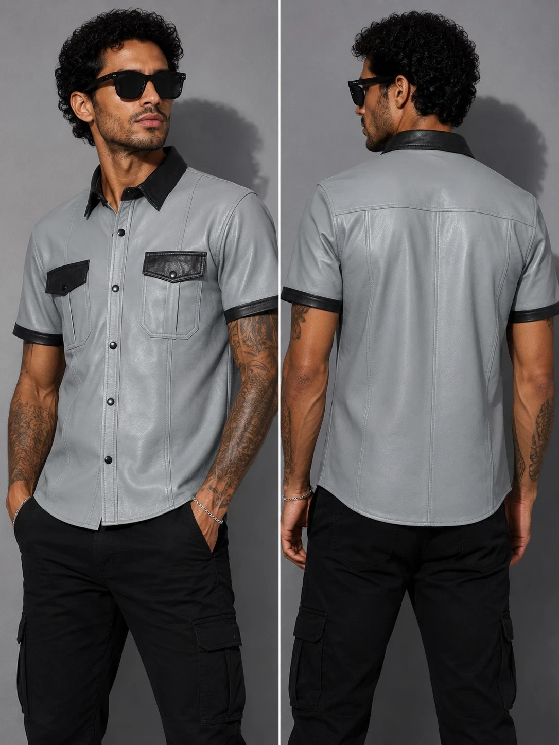 Men Genuine Lambskin Leather Shirt Gray Black Two Tone Short Sleeve Clubwear Tee