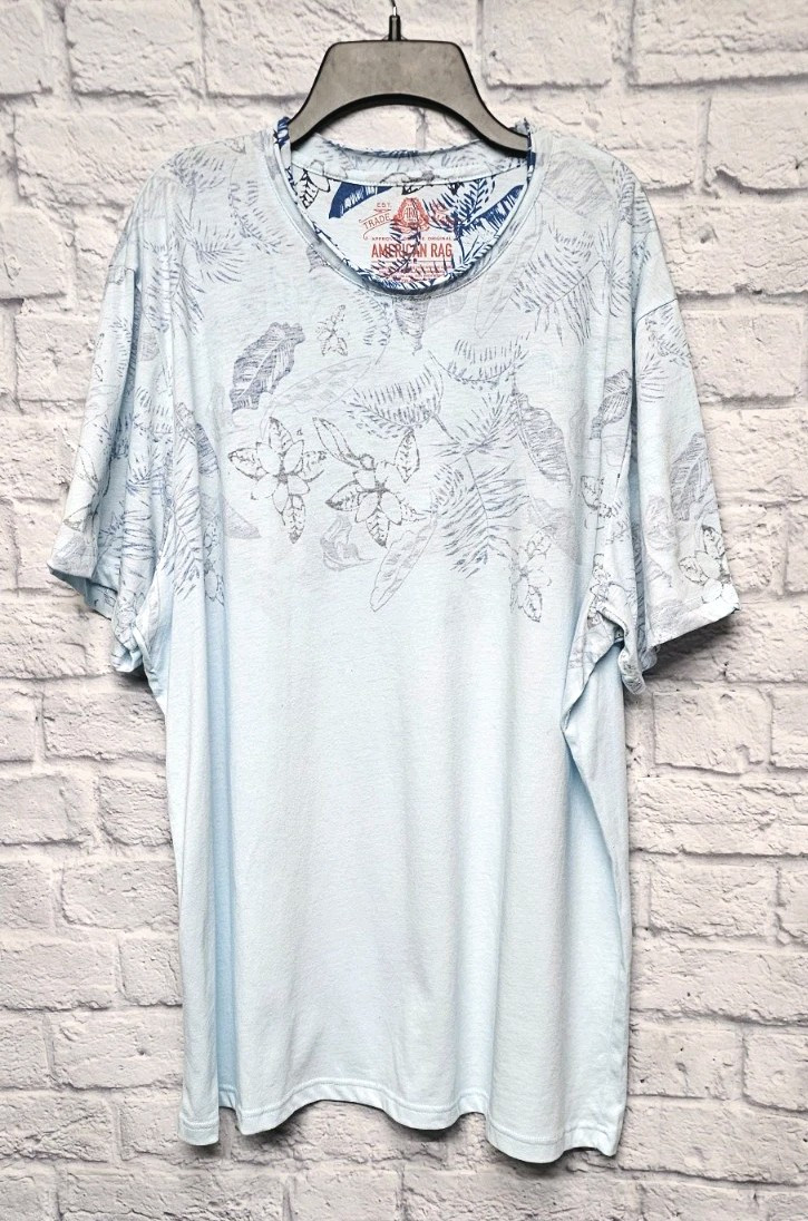 AMERICAN RAG XXL LIGHT BLUE TROPICAL FLORAL LEAF INSIDE OUT RAW EDGE SHIRT TEE