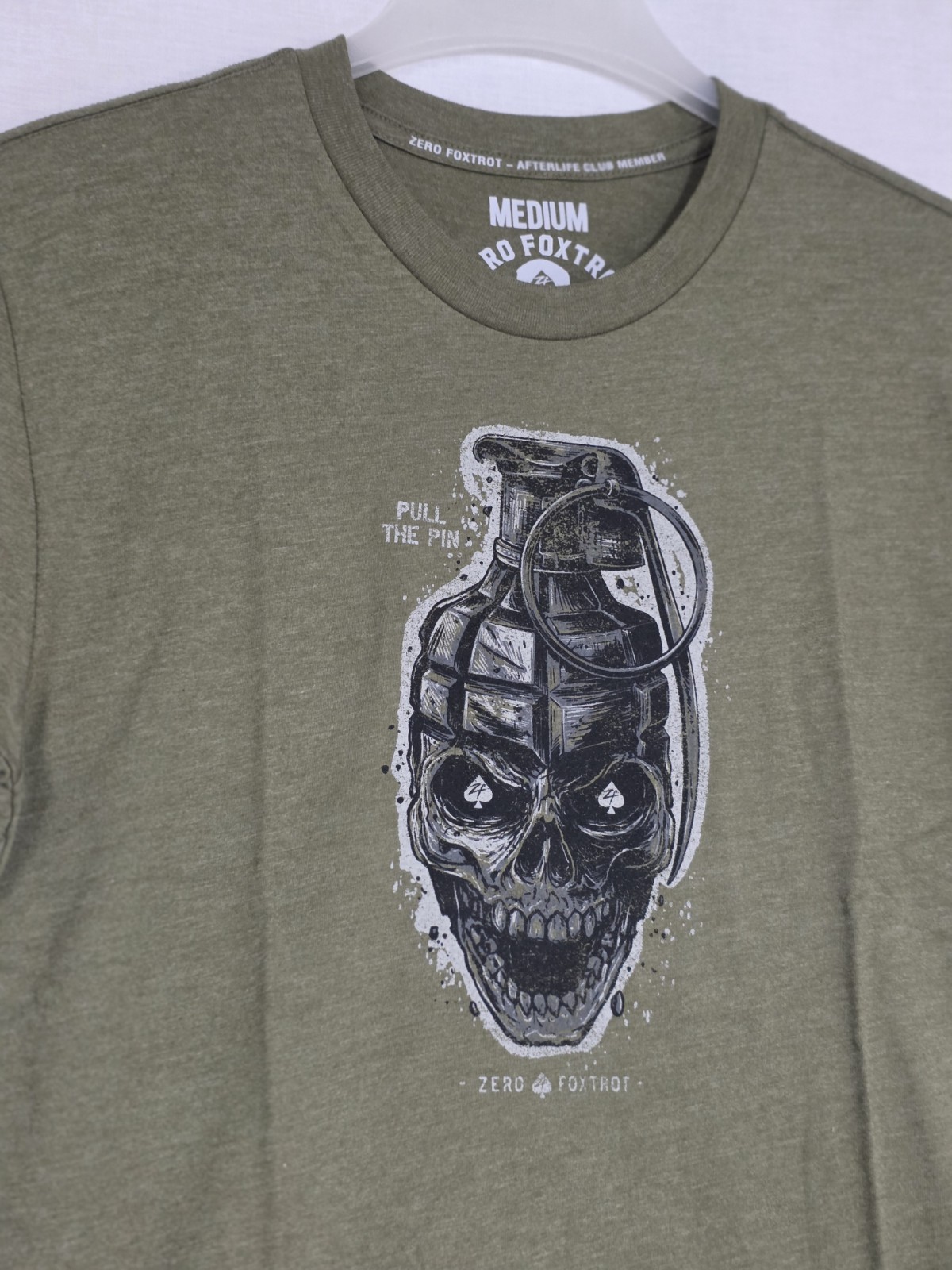 New ZERO FOXTROT PULL THE PIN Skull Grenade Graphic T-Shirt Green Sz M