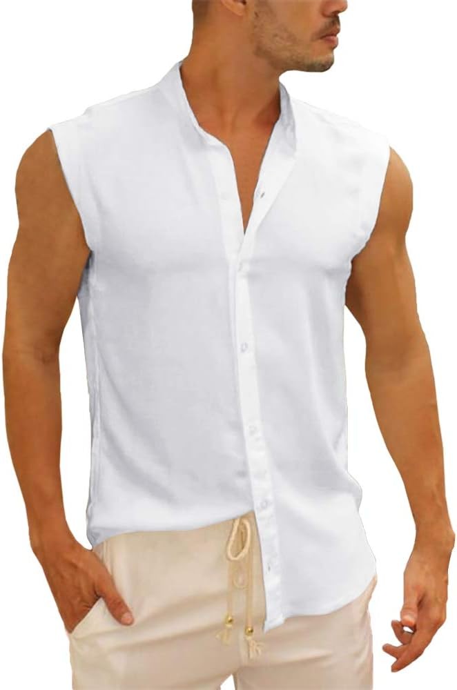 Mens Linen Cotton Sleeveless Button Down Shirt Summer Beach Casual Top