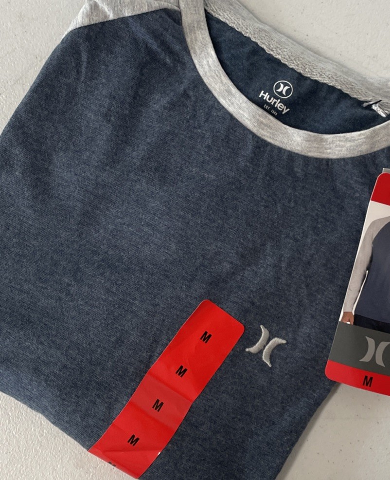 HURLEY Men’s Raglan Tee Shirt Colorblock Long Sleeve Pullover BLUE/GRAY MEDIUM