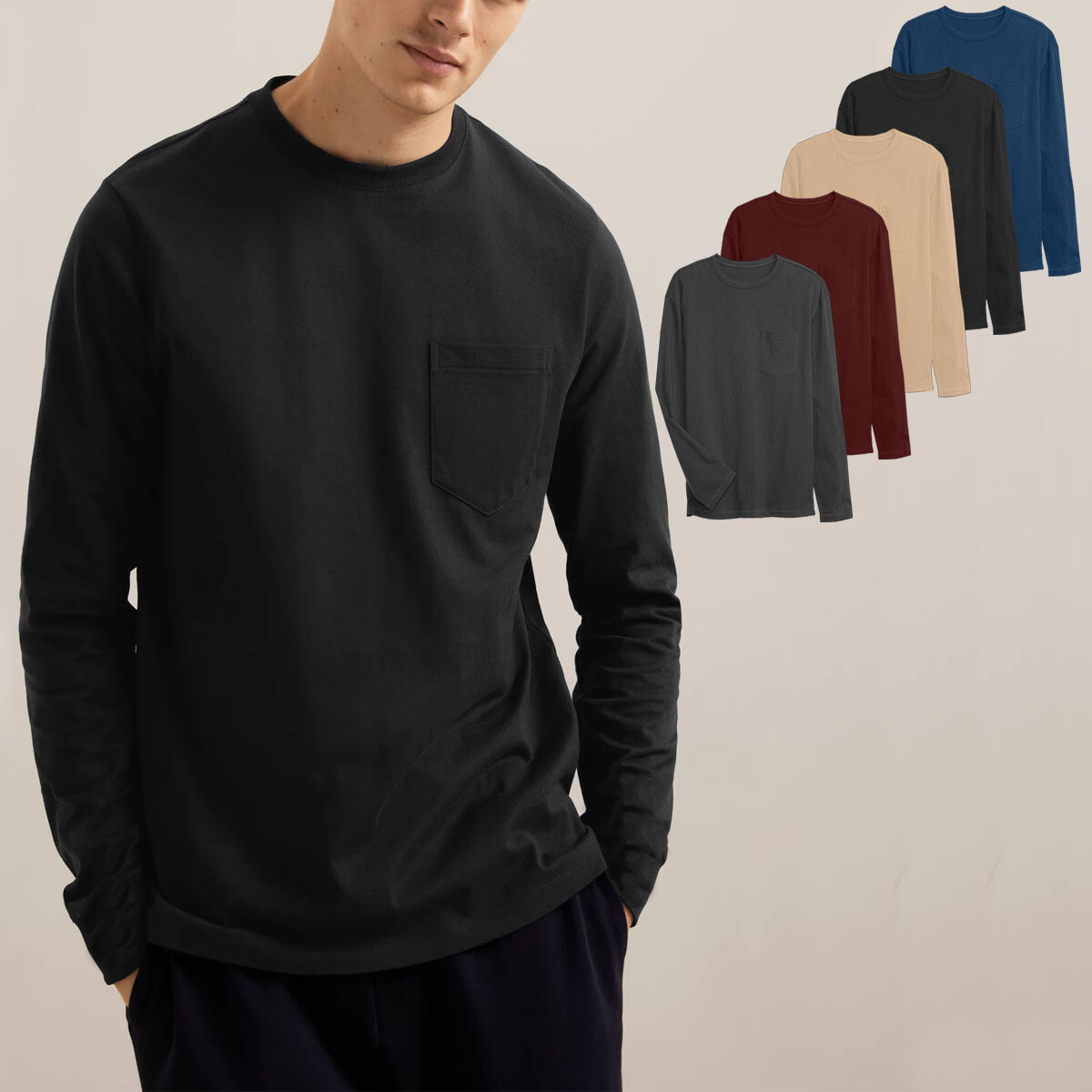 Mens Long Sleeve T-Shirt Plain Crew Round Neck Casual 100% Cotton Pocket Tee Top