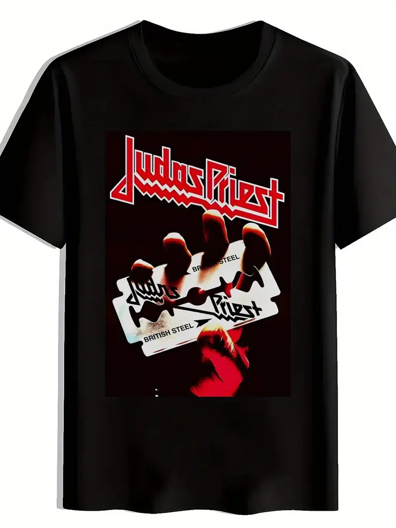 Judas Priest Men’s Graphic T-Shirt – Bold Red & White Band Logo Print, Black Sho